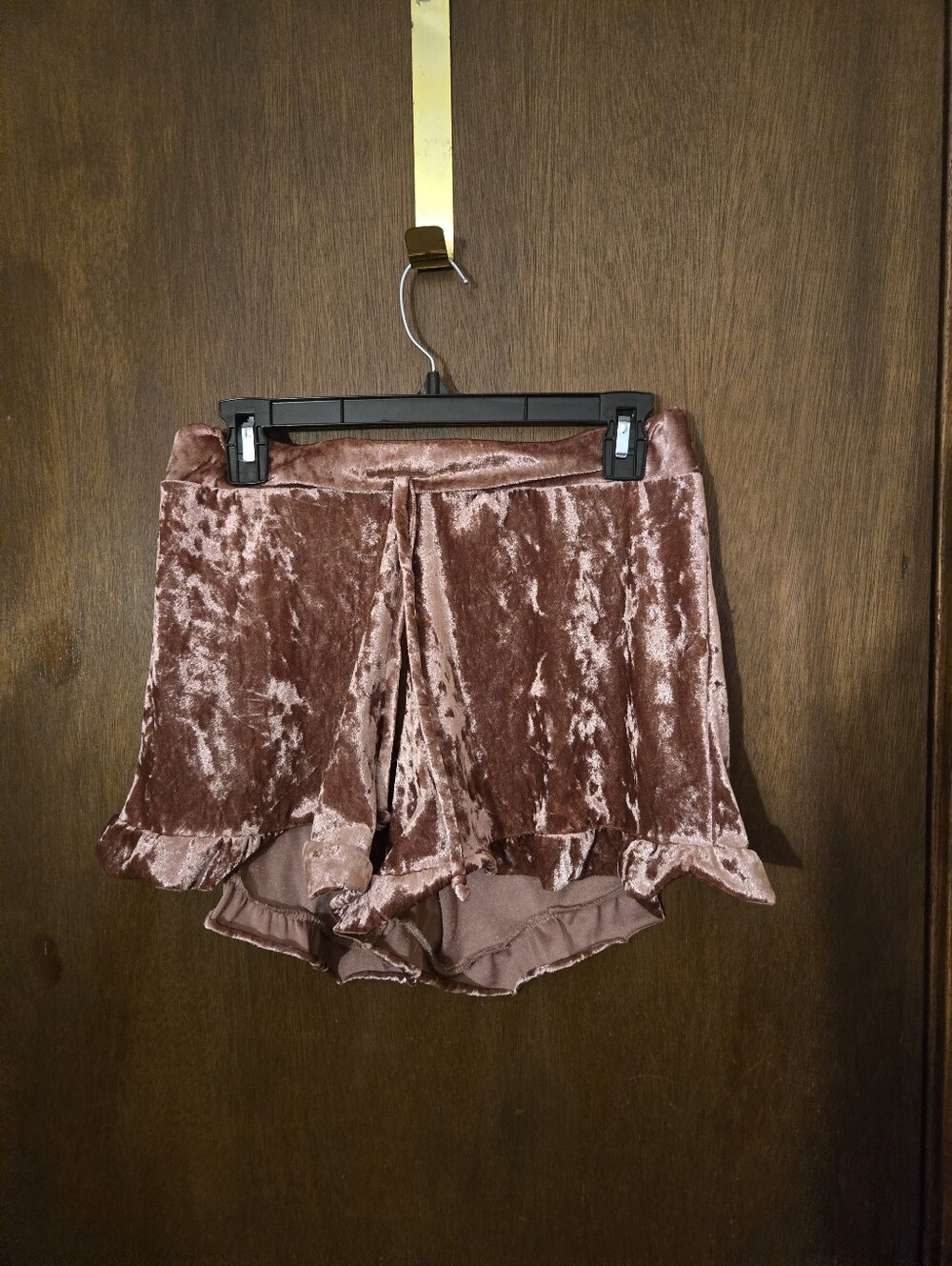Three Bird Nest Crushed Velvet Ruffle Hem Shorts - Rose Taupe Large